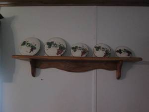 lot 120 image: Wooden display shelf, cooking lids ...