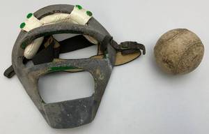 lot 13 image: Antique Aluminum Casted CatchersUmpire Mask And Old Softball