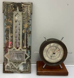 lot 30 image: Vintage Natical Themed Airguide Barometer (Glass Cracked) & Vintage Thermometer With J.B. Poshek New Brighton Advertisement