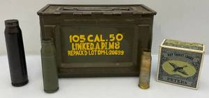 lot 31 image: Vintage Military Ammo Casings, Ammo Box & Vintage PETERS  RXP Target Loads In Original Box (FULL)