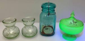 lot 51 image: Misc. Vintage Glassware Includine 1920s Tiffin Uranium Glass Green Jungle Frosted, Bulb Vases, & Ball Canning Jar
