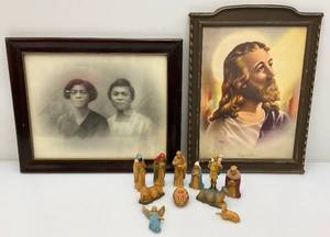 lot 52 image: 1930s Plastic Nativity Set & Misc. Framed Prints