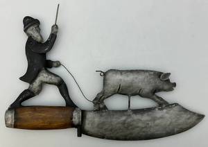 lot 154 image: Very Unique Metal Folk Art Weather vane (Pig, Farmer And Butcher Knife)