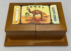 lot 157 image: Very RARE Wooden Camel Cigarettes Jewelry Box 11 58 x 8 18 x 4 38