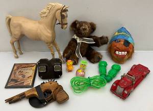 lot 174 image: Group Of Vintage Toys Including  1960s MARX Comanche Fort Apache Articulated Cavalry Horse, Jolly Green Giant (Sprout) & More