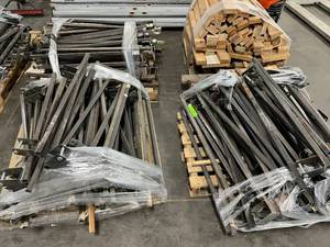 lot 22 image: Lot Of 3 Pallets Of Custom Made Bars That Hang On The Beams For Sorting Long Pieces Of Wood Etc. Most Bolts & Screws Discarded So Not Included - Plus Wood Planks
