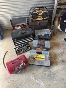 lot 19 image: Tools, Tool Boxes, Portable Air Tank & DeWalt Radio
