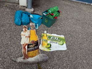 lot 35 image: Metal Beer Signs, Margaritaville Coolers & Tote of Holiday Inflatables