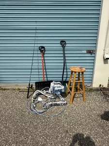 lot 36 image: Snow Shovels, Fishing Rod, Paint Sprayer & Stool