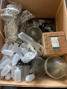 lot 21 image: Assorted Science Box, Bottles, Funnels, Clamps, Jar, Tray, Glassware $300 Plus Retail, Local Pickup Only