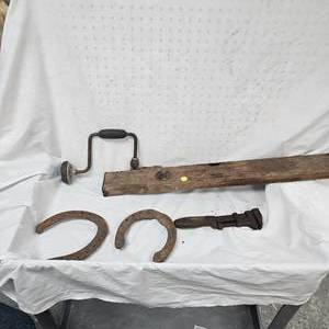 lot 33 image: Vintage 40s-50s Bit N Brace Adjustable Wrench, HorseShoes, Level