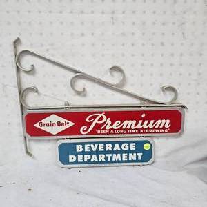 lot 40 image: Vintage Rare Grain Belt Hanging Sign Beverage Dept