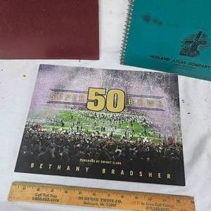 lot 53 image: Super Bowl 50th Anniversary Book with Spirit of 76 Pop Bottles and McLeod and Sibley Atlas Books