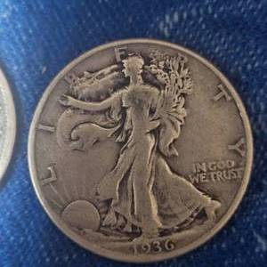 lot 66 image: 1936 Walking Liberty 50c, 1908 Barber 50c, Silver