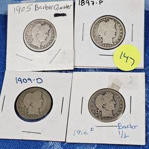 lot 147 image: 1897,1905,1909-D,1916-D Barber Silver 25c