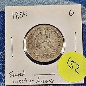 lot 152 image: 1854 Seated Liberty 25c warrows,Good