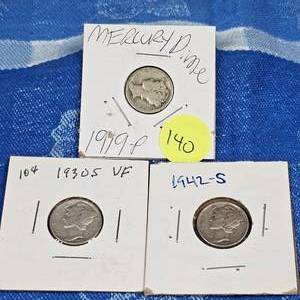 lot 140 image: 3 Mercury Dimes, 1930-S, 1919-P,1942-S