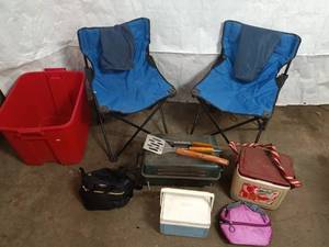 lot 21 image: Outdoor Camping Gear Set Including Folding Chairs, Coolers, and Grill Tools