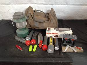 lot 40 image: Camping Gear Set with Lanterns, Flashlights, and Pocket Knives