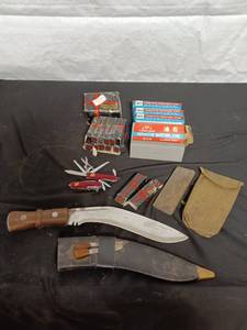 lot 41 image: Assortment of Multi-Purpose Knives, Sharpening Stones and Vintage Hunting Knife