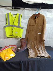 lot 77 image: Assorted Workwear Including Carhartt Coveralls, Safety Vest, Boots, and Rain Suit
