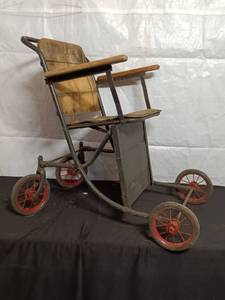 lot 113 image: Antique Wooden and Metal Wheelchair with Red Wheels