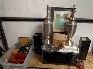 lot 145 image: Assorted Household Items Including Lamps, Microwave, and Frames