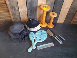 lot 6 image: Lot of Antique Beauty accessories with Bakelite Hand Mirror, Curler, and more with Vintage Hats and more