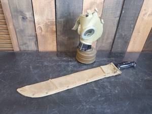lot 11 image: Military Gas Mask and Vintage Milirary Machete with Sheath