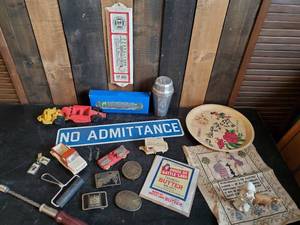 lot 38 image: Misc vintage Lot of Various Items, Midland Thermometer,  Marlboro belt buckle, Pride of Battle Lake butter, and More