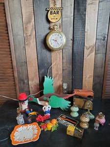 lot 46 image: Misc Vintage Lot of Various Items, Bar Is OpenClosed Backwards Clock, Small oil lamps and more