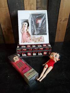 lot 48 image: Vintage Betty Boop Items Doll, Unused Collectible Phone, and Ceramic figurine in original box