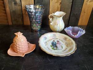 lot 49 image: Glass and Ceramic lot  Red Wing Pink Pineapple, Carnival Glass, Irredecent Candy Dish and more