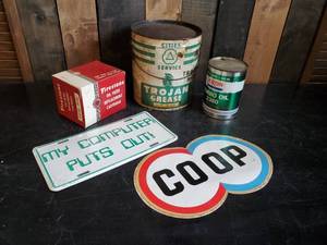 lot 50 image: Vintage COOP Sticker, Cities Service Trojan Grease can, 1950s Firestone Filter and More