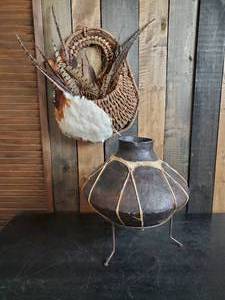 lot 59 image: Authentic Native American Vase and display with Phesant Feathers