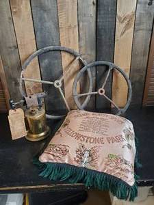 lot 61 image: Vintage Blowtorch 2 Vintage Steering Wheels and Yellowstone Park Pillow