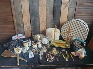 lot 63 image: Lot of Misc Womens Beauty Accessories Brush, Mirror, Jewelry Box, Corsett Sincher and more
