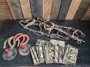 lot 66 image: Antique Horse Bridal, Childrens Horseshoe toy, and Vintage lot of Stereoscope Slides