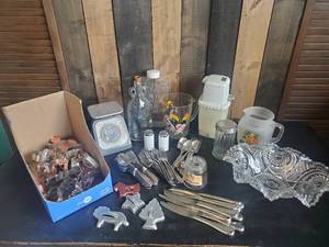 lot 72 image: Vintage Kitchen Accessories lot, Glass Top Mustard Jar, Scale, Silverware, and more