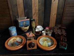 lot 90 image: Vintage misc Lot with Tea cups, Coo Coo Clock, Metal George Washington cut Plug Tin  and more