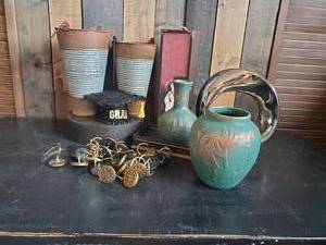 lot 103 image: Misc Dcor Lot  Vintage Ceramic Vases, Metal planters, Wine Bottle Box and more