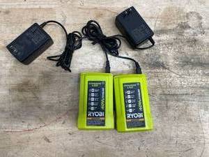 lot 186 image: Lot of 2 - RYOBI GEN2 Lithium-ion 40 Volt 40v Slim Line Compact Battery Charger OP404