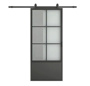 lot 9 image: CALHOME - 37 in. x 84 in. 34 Lites Frosted Glass Black Steel Frame Interior Barn Door with Sliding Hardware Kit