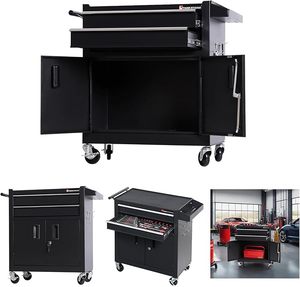 lot 59 image: Tool Chest Heavy Duty Cart Steel Rolling Tool Box with Lockable Doors (TZ12 Black)