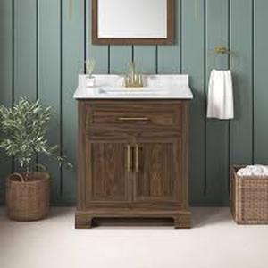 lot 20 image: Home Decorators Collection Doveton 30 in. Single Sink Dark Walnut Bath Vanity with White Engineered Marble Top (Assembled)    Customer Returns see Pictures