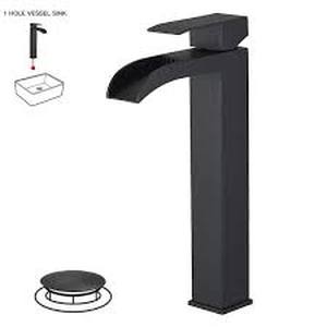lot 25 image: BWE Waterfall Single Hole Single Handle Bathroom Vessel Sink Faucet in Matte Black  Customer Returns see Pictures