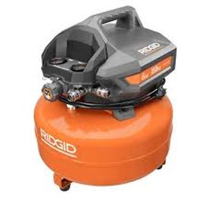lot 49 image: RIDGID 6 Gal. 150 PSI Portable Electric Oil-Free Jobsite Pancake Air Compressor with Dual Pressure Gauges and 2-Quick Couplers  Customer Returns see Pictures