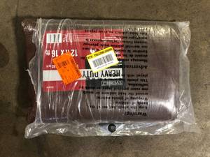 lot 54 image: Everbilt 12 ft. x 16 ft. Brown and Silver Heavy Duty Tarp   Customer Returns see Pictures