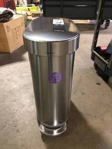 lot 57 image: simplehuman 45L Slim Liner Rim Step Kitchen Trash Can, Brushed Stainless Steel   Customer Returns see Pictures