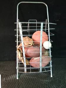 lot 26 image: Cart full baseball gloves, baseballs and footballs